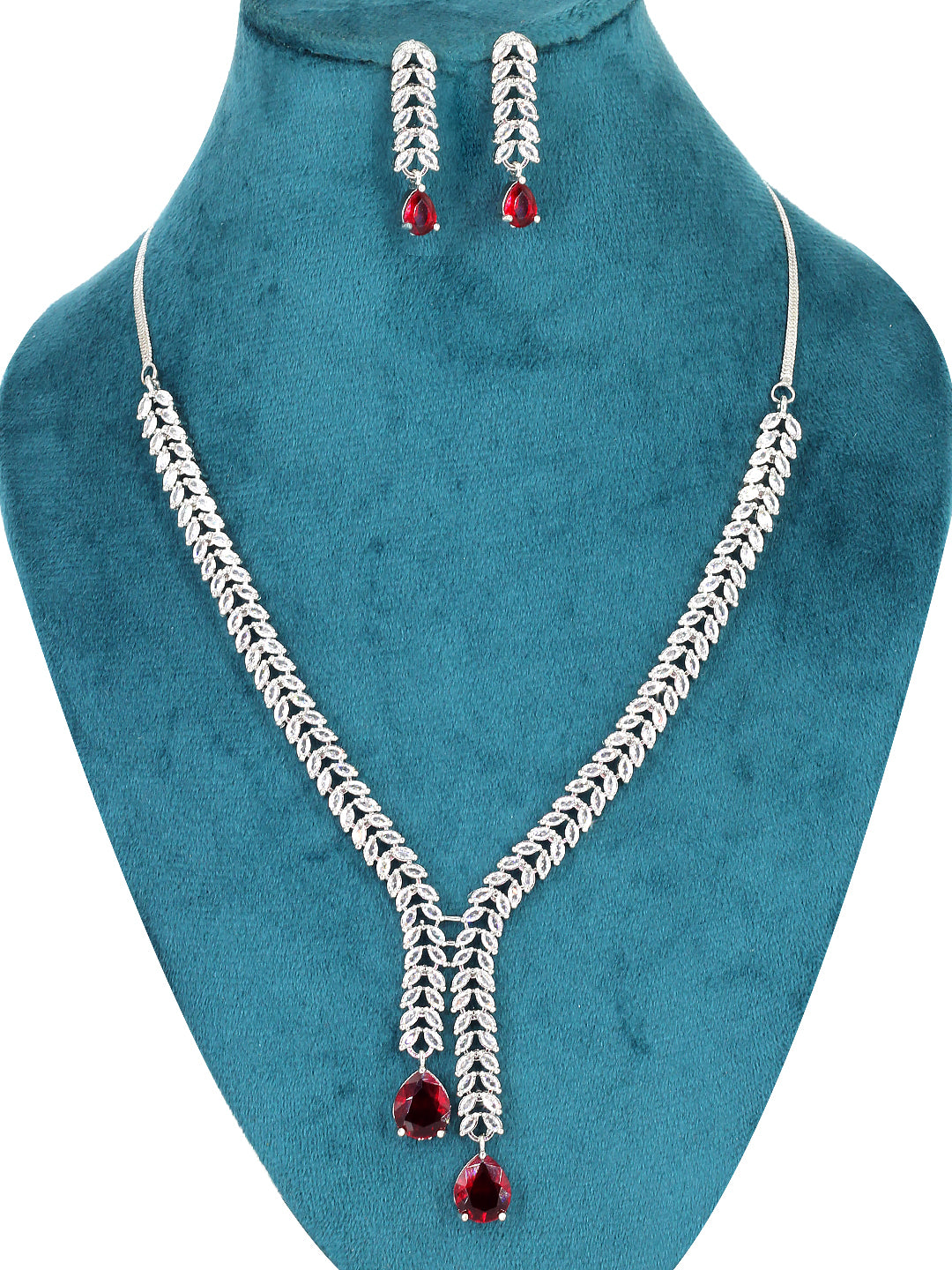 Red American Diamond  Tear Drop Leaf Party Jewellery Set