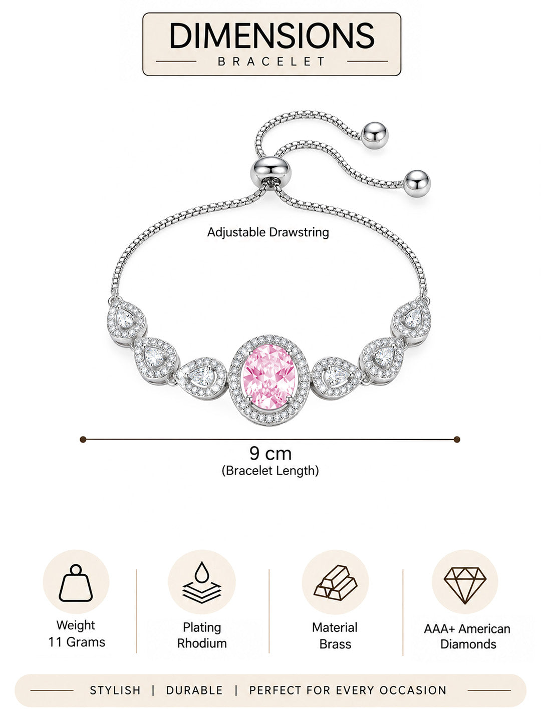 Silver Plated Pink AD Adjustable Bracelet for Women