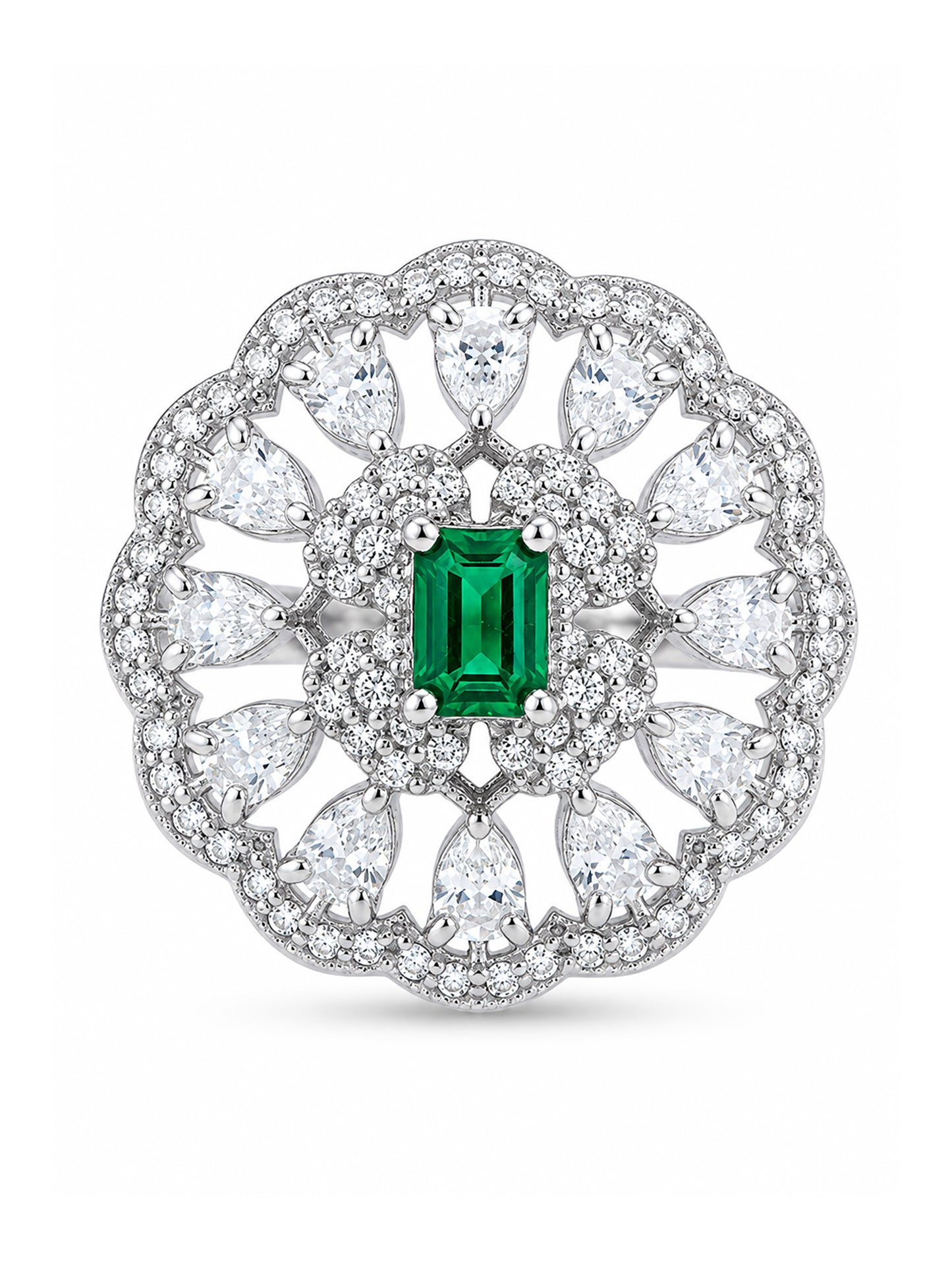 Rhodium Plated Green AD Finger Ring for Women