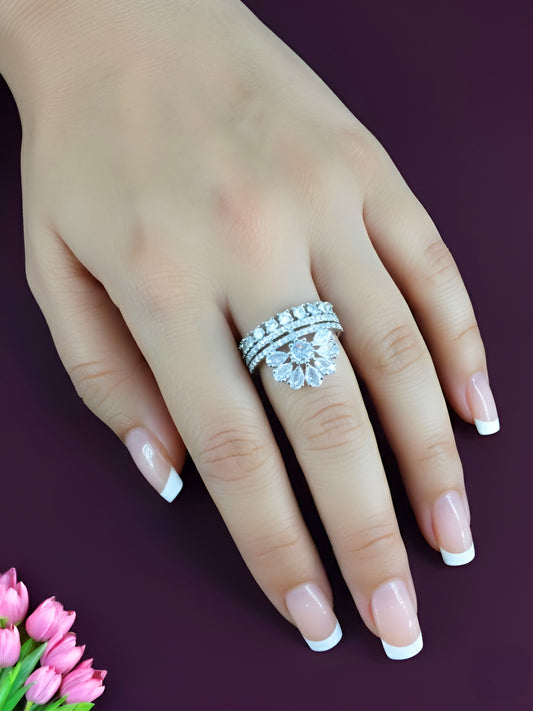 Silver Plated White American Diamond Floral Ring
