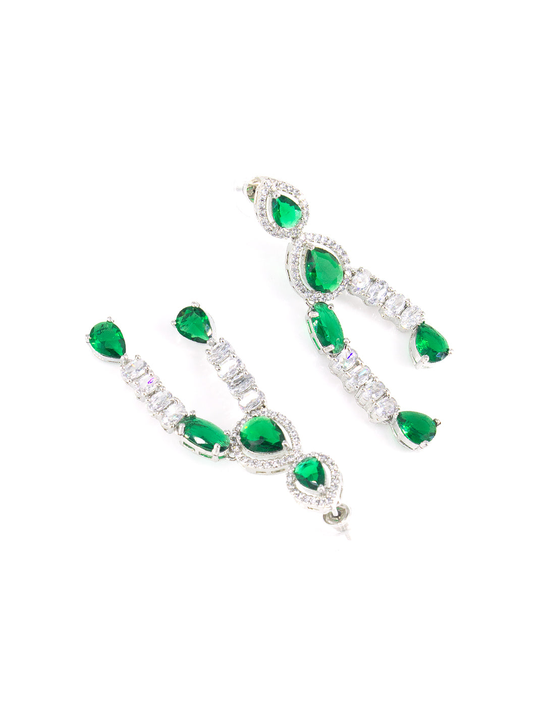 Silver Plated Green AD Designer 2 Layer Cocktail Jewellery Set