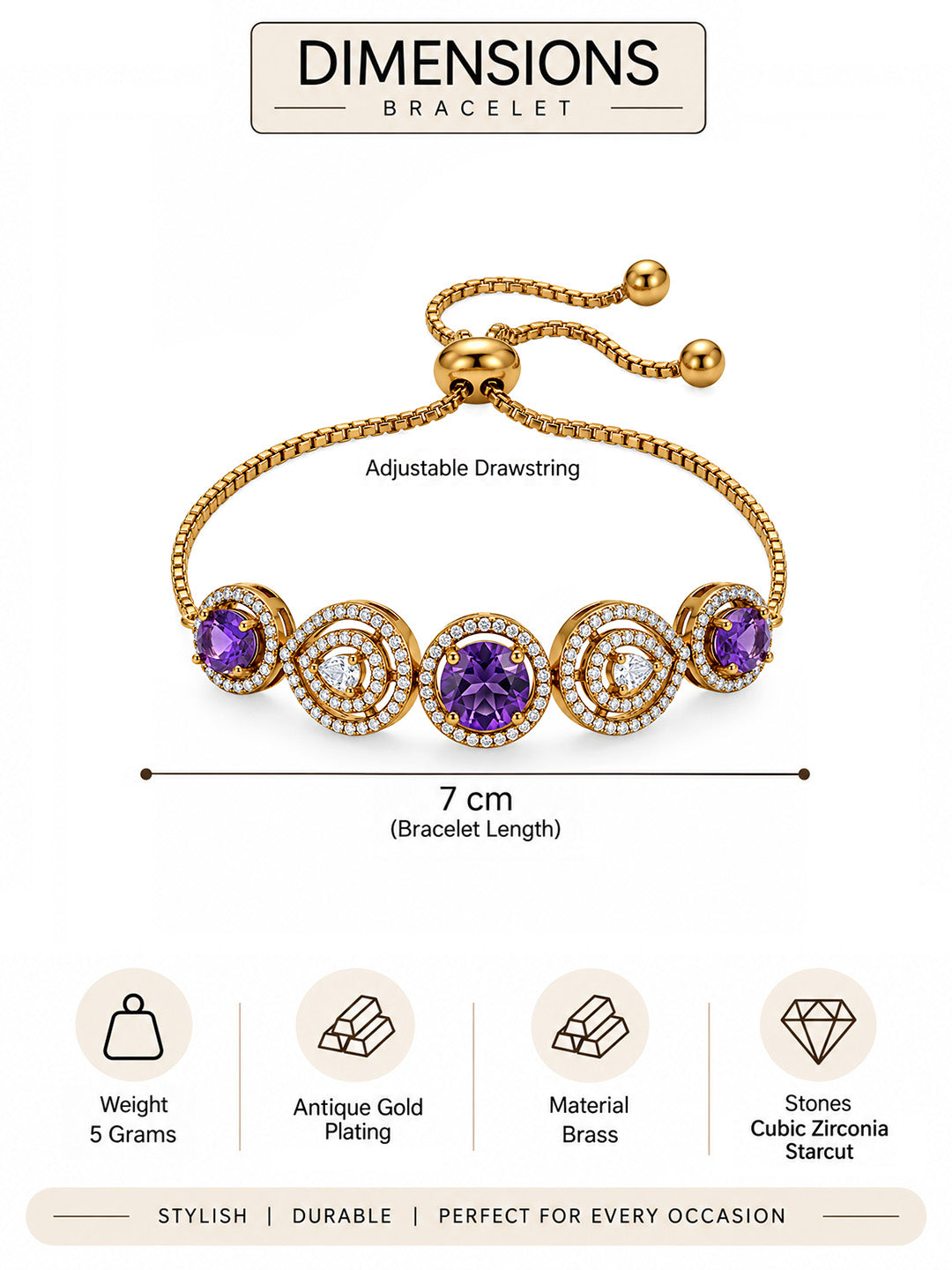 Antique Gold Plated Purple AD Bracelet for Women