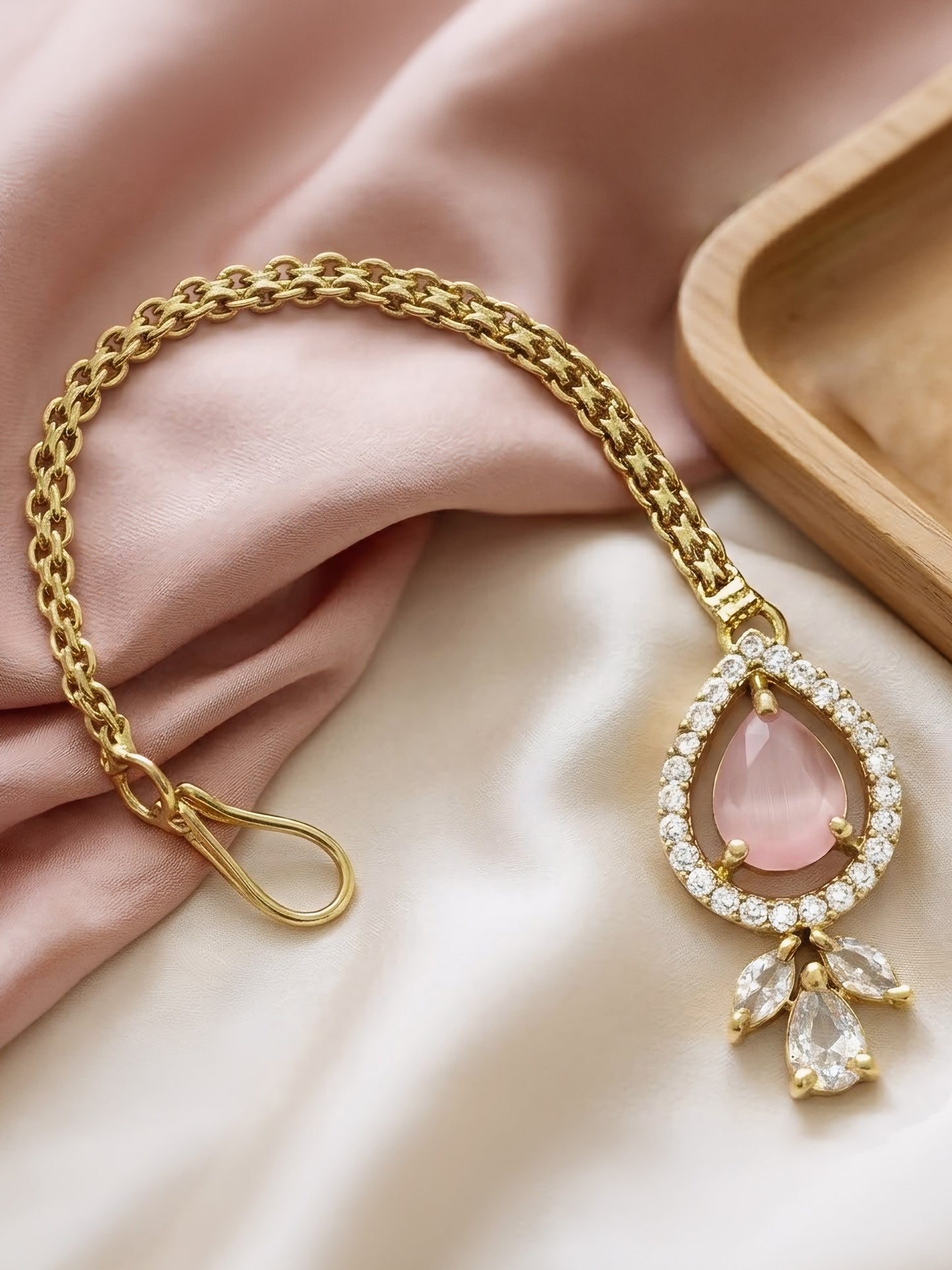 Gold Plated Pink AD Maang Tikka for Women