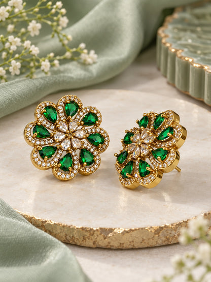 South Indian Gold Plated Green AD Floral Stud Earrings for Women