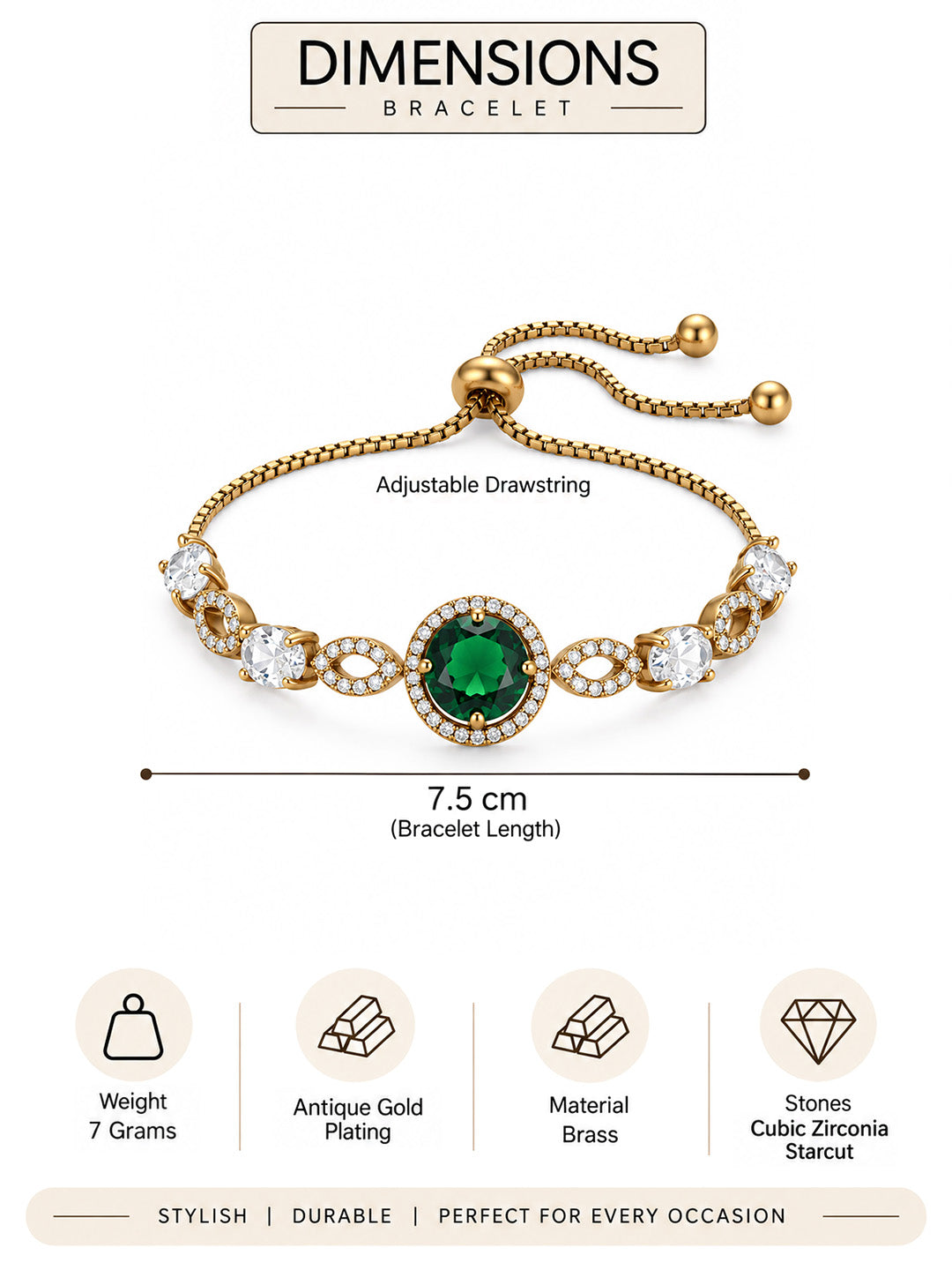 Antique Gold Plated Green AD Adjustable Bracelet for Women