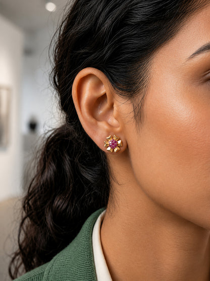 Gold Plated Pink AD Floral Stud Earrings for Women
