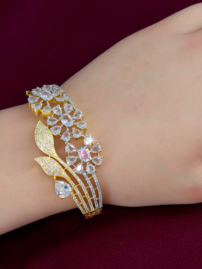 Gold Plated White AD Floral Cuff Bracelet For Women