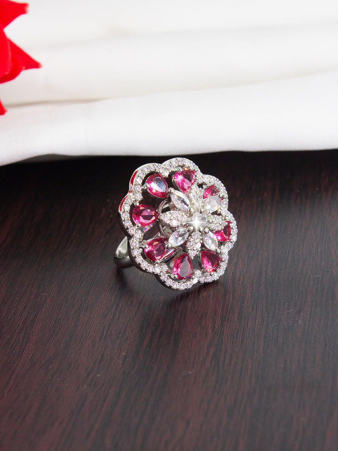 Silver Plated Red Floral AD Adjustable Ring For Women