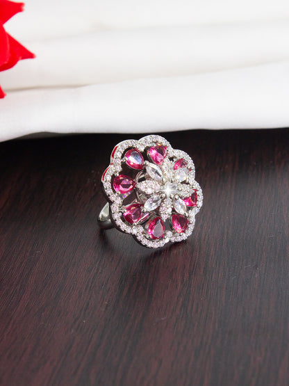 Silver Plated Red Floral AD Adjustable Ring For Women