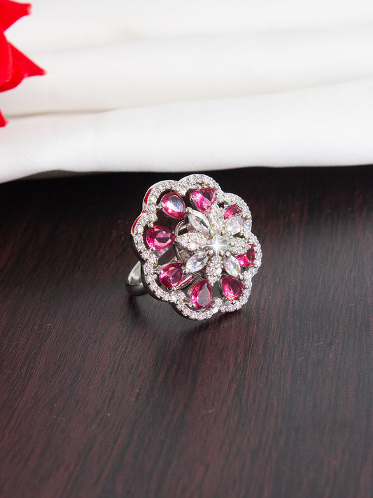 Silver Plated Red Floral AD Adjustable Ring For Women