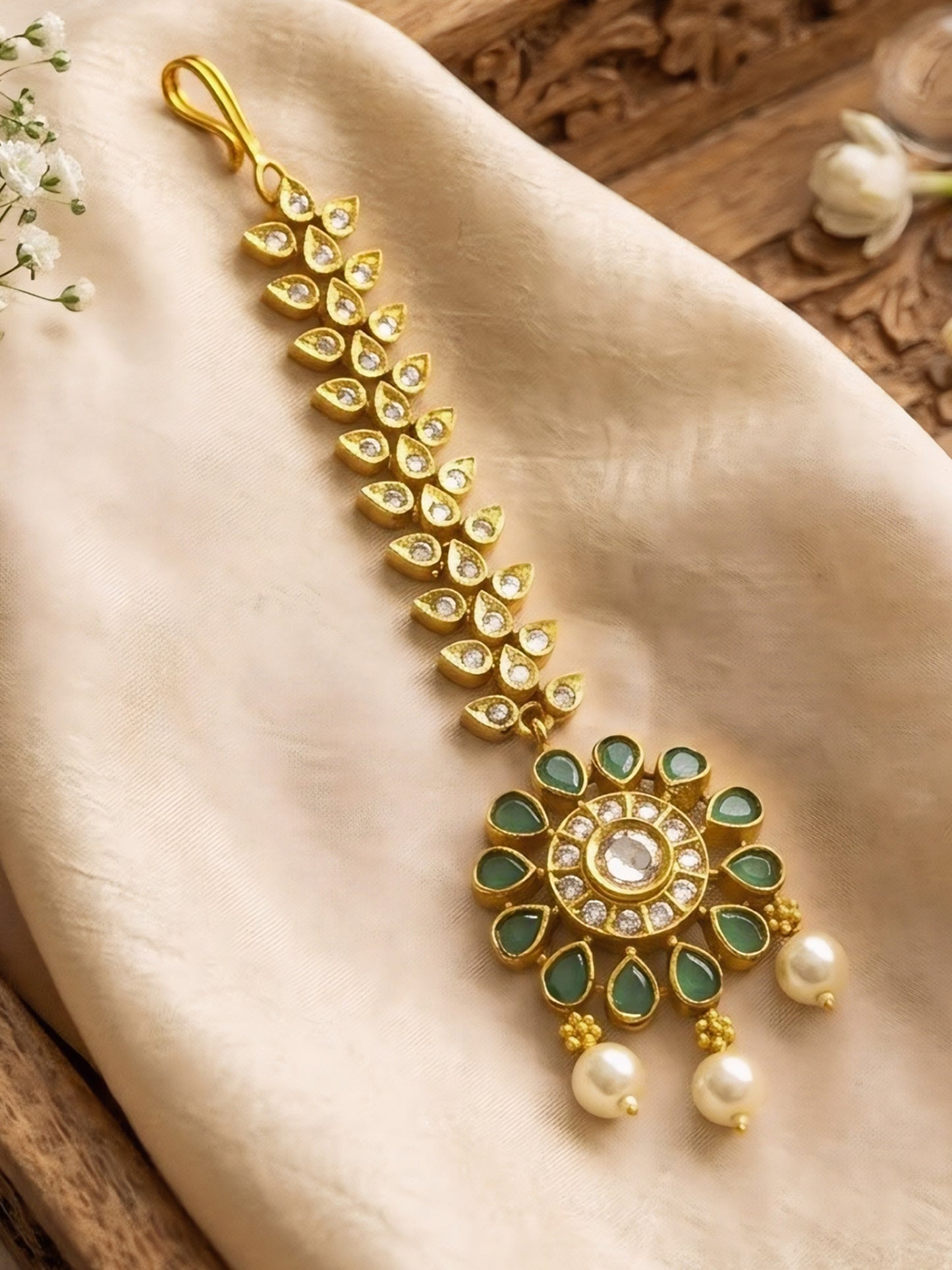 Gold Plated Green AD Designer Maang Tikka for Women