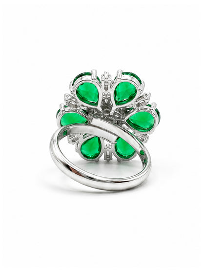 Silver Plated Green AD Floral Finger Ring for Women