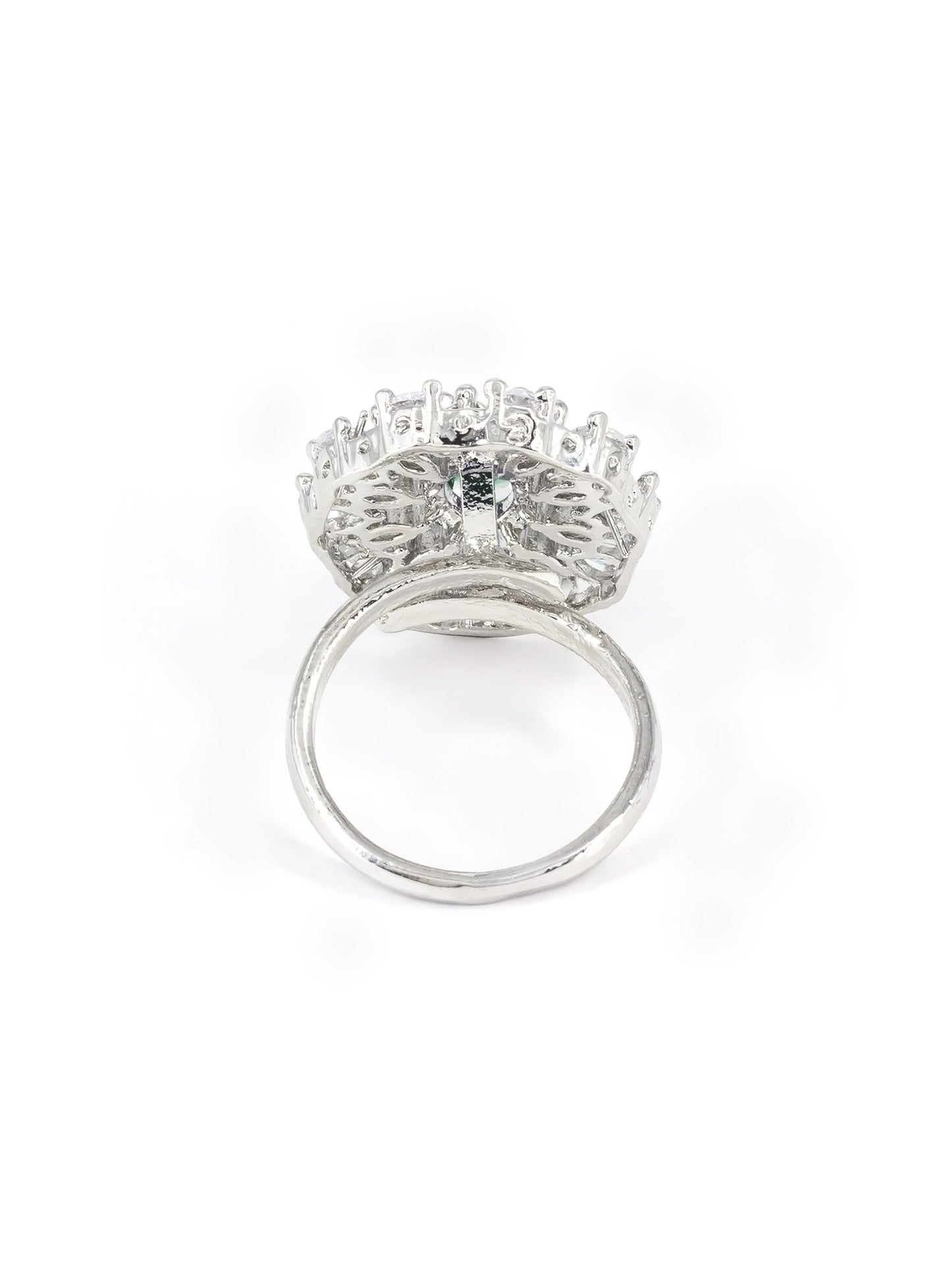 Silver Plated Green AD Floral Adjustable Ring for Women