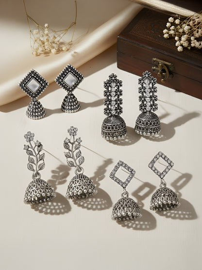 Set of 4 Silver Oxidised Jhumka Earrings for Women