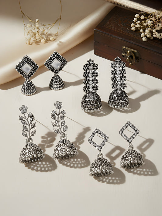 Set of 4 Silver Oxidised Jhumka Earrings for Women