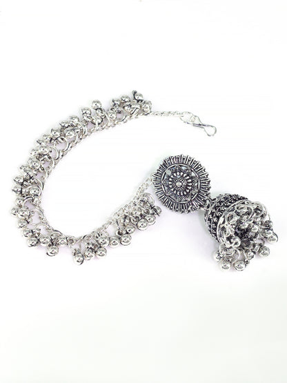Silver-Oxidised Floral Jhumka Earrings With Hair Chain