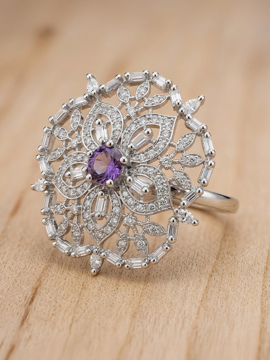 Silver Plated Purple AD Floral Ring for Women