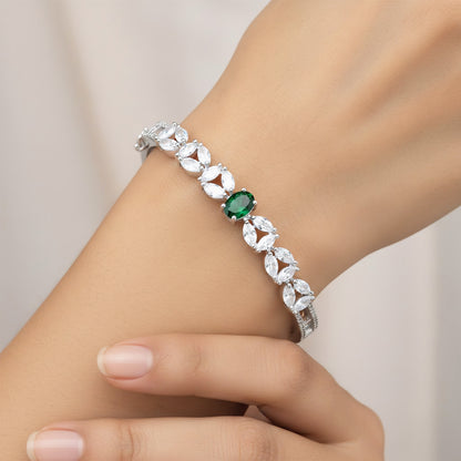 Silver Plated Green AD Minimal Bangle Bracelet for Women