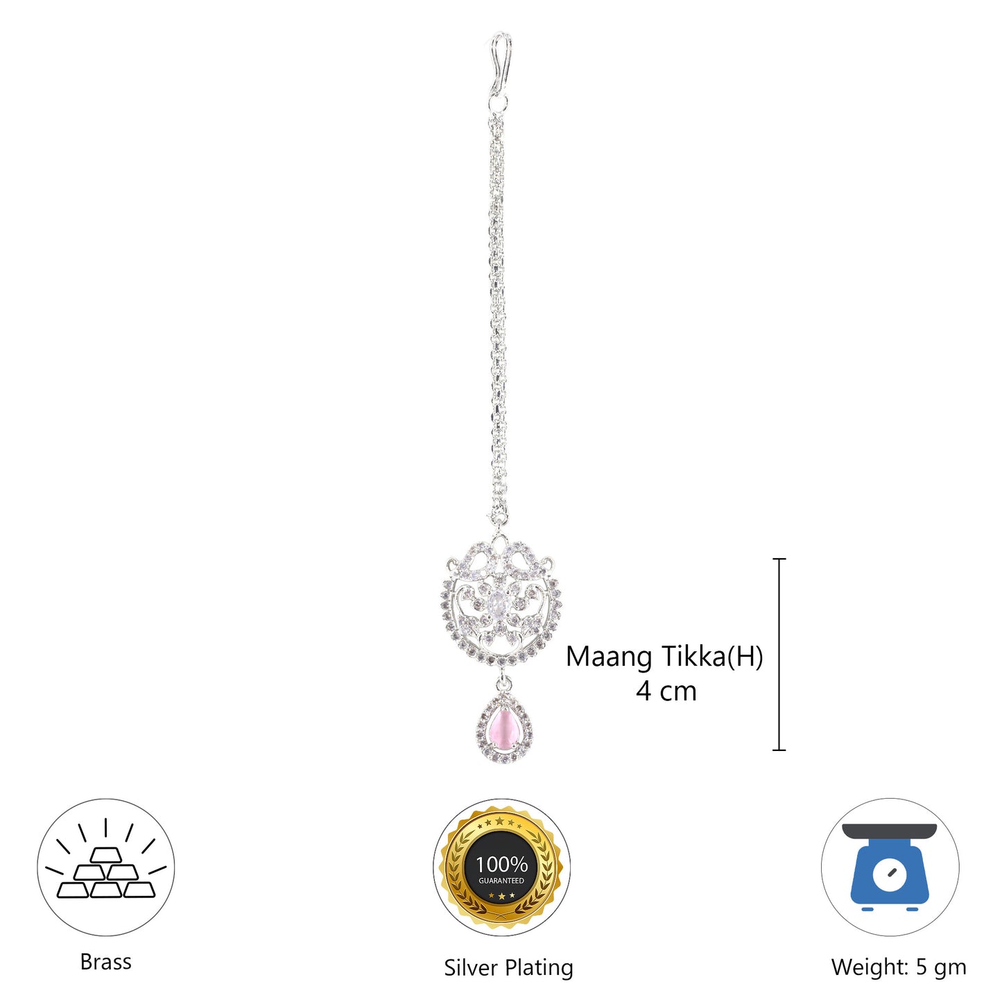 Rhodium Plated Pink AD Maang Tikka for Women