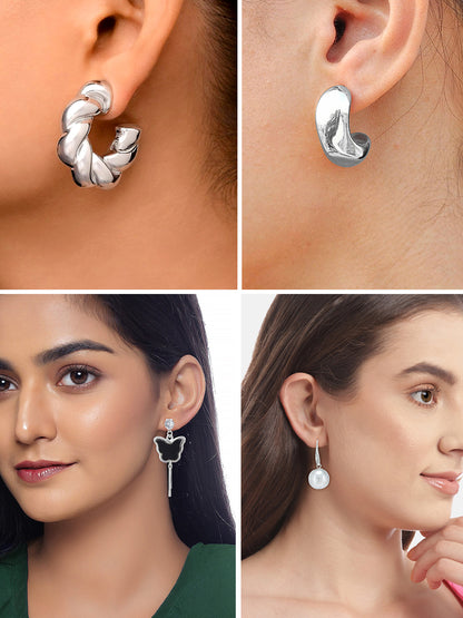 Set of 4 Silver-Plated Quirky Half Hoop & Drop Earrings