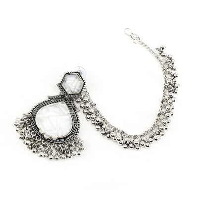 Silver Oxidised White Jhumka Earring with Chain for Women