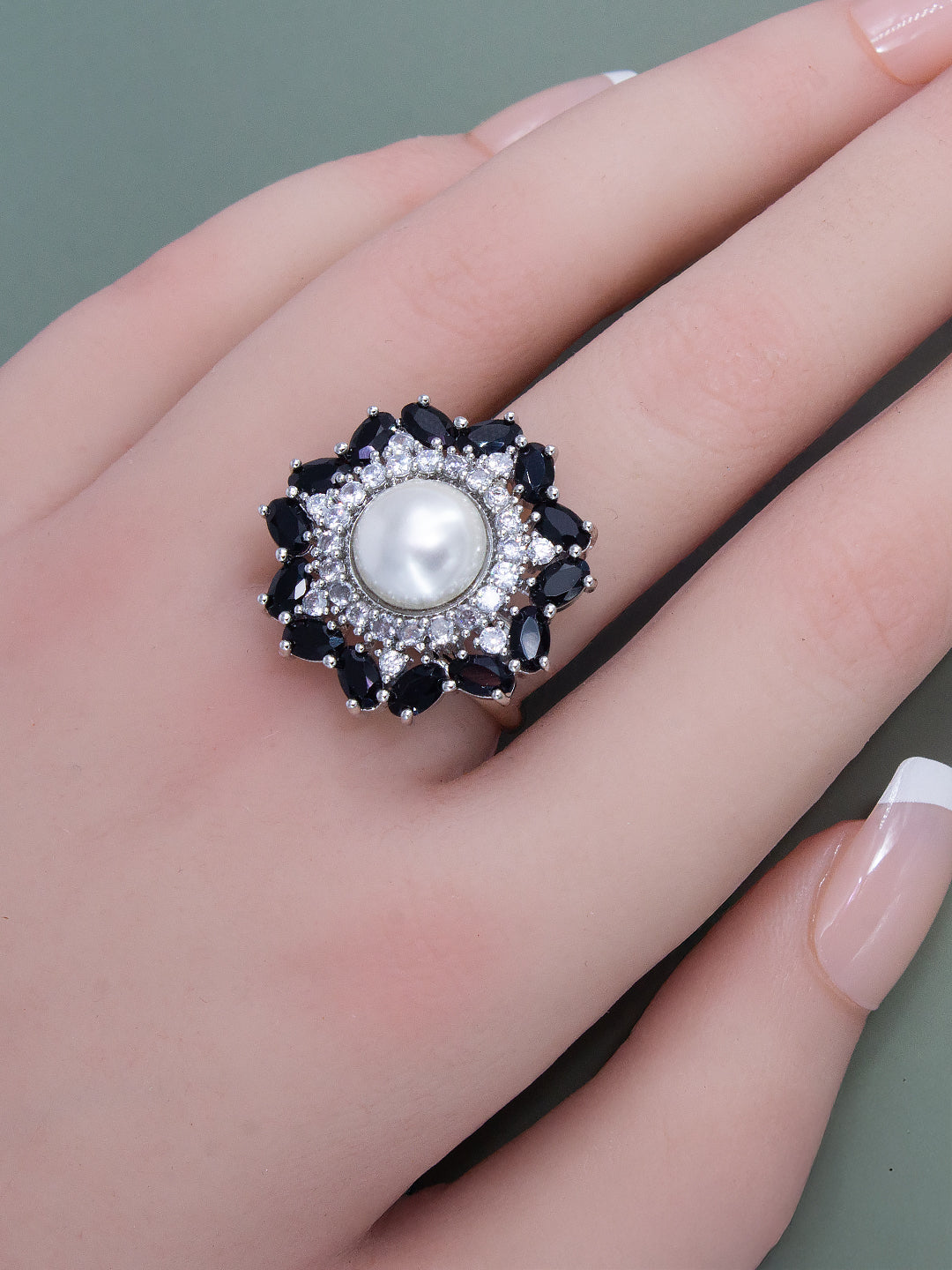 Silver Plated Black AD & Pearl Adjustable Ring