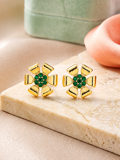Gold Plated Green AD Floral Stud Earrings for Women