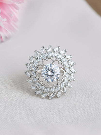 Silver Plated White AD Floral Adjustable Ring for Women