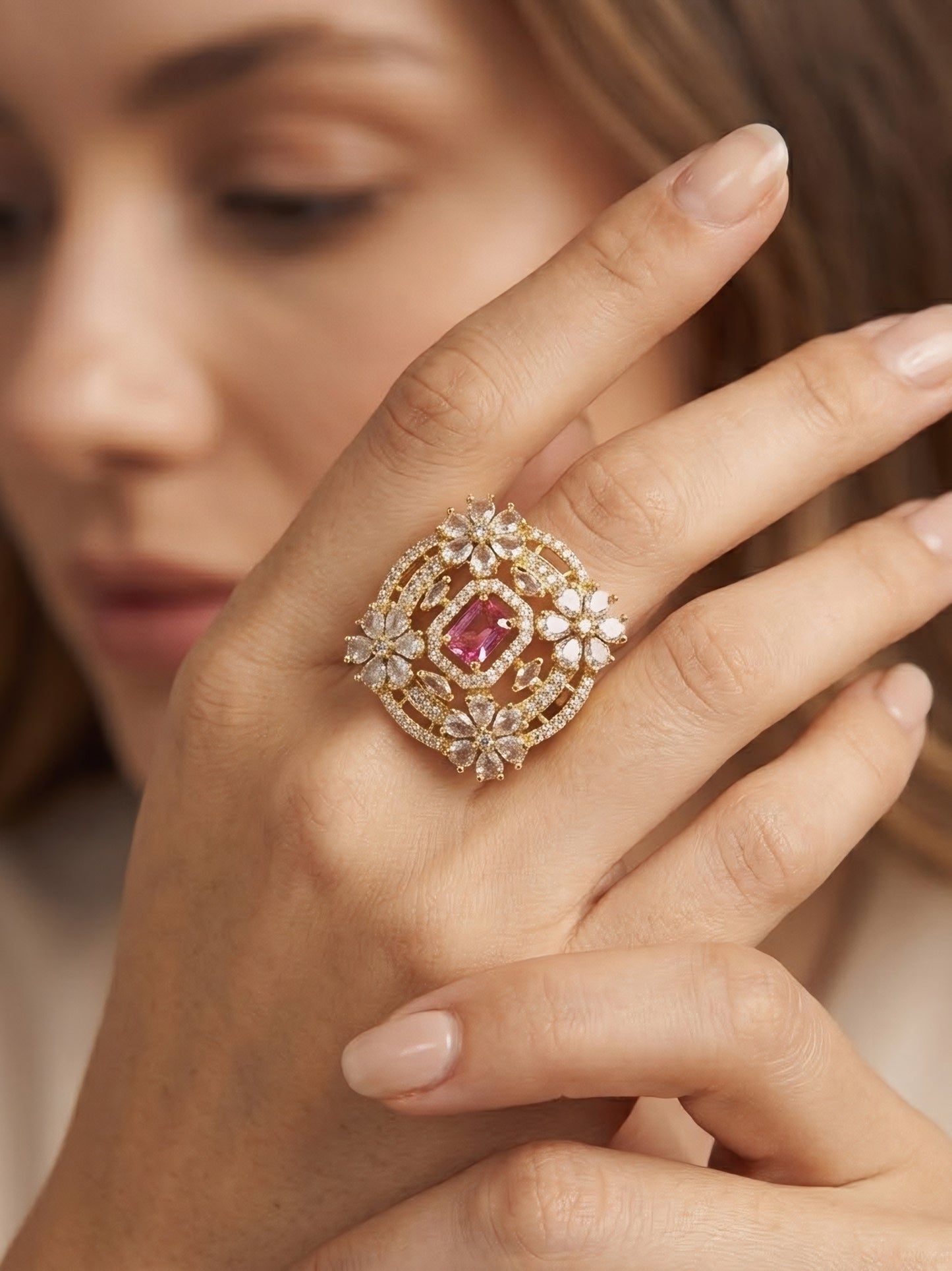 Gold Plated Red AD Floral Adjustable Finger Ring for Women