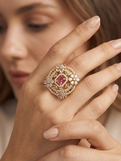 Gold Plated Red AD Floral Adjustable Finger Ring for Women