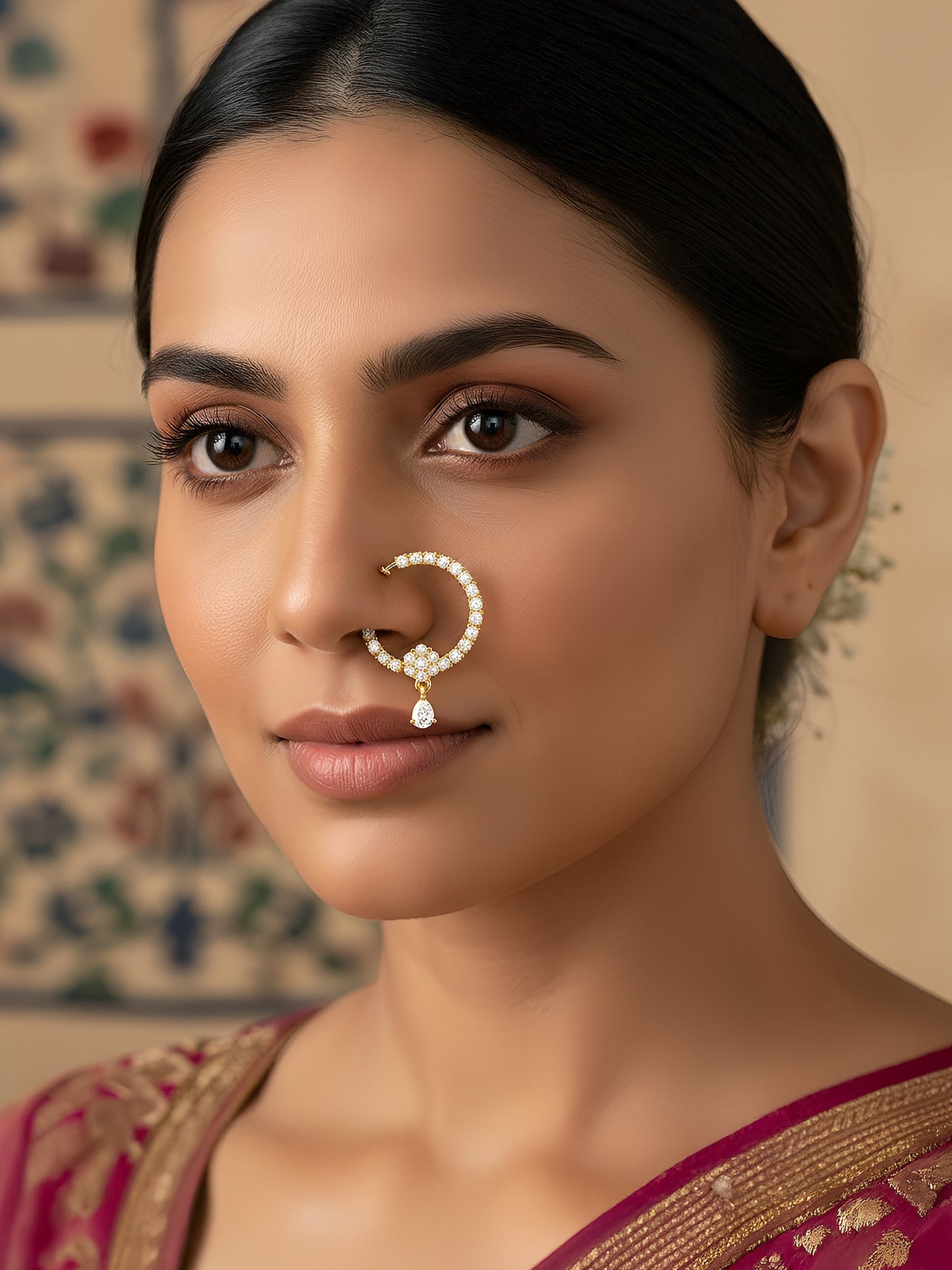Gold Plated American Diamond Bridal Non-piercing Nose Ring for Women