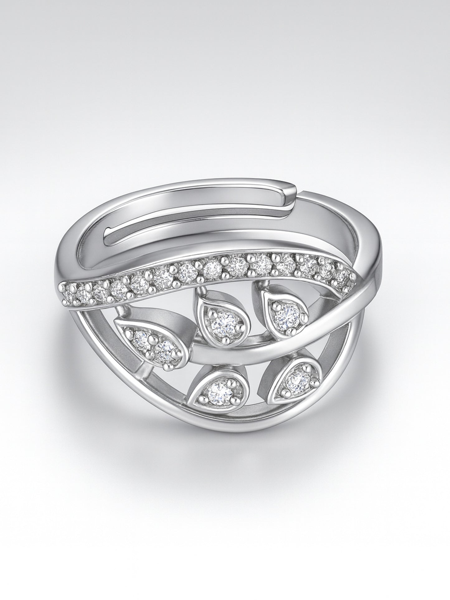 Rhodium Plated American Diamond Leaf Traditional Adjustable Ring for Women