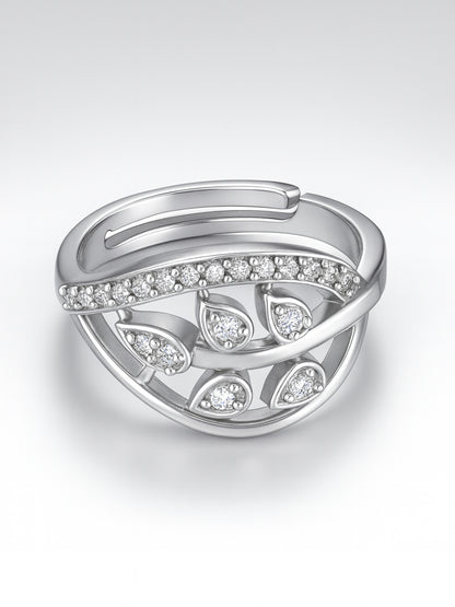 Rhodium Plated American Diamond Leaf Traditional Adjustable Ring for Women