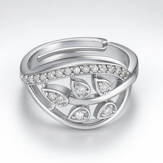 Silver Leaf Design AD Ring – Adjustable | Elegant Everyday Wear