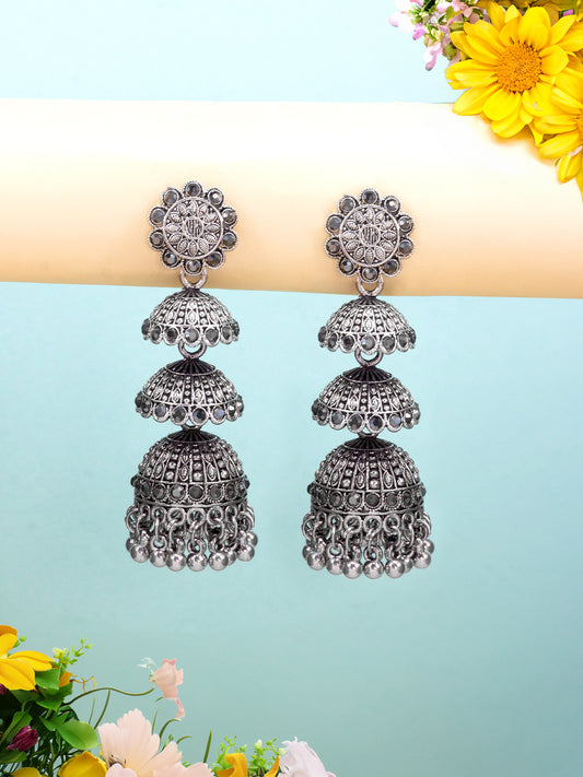 Oxidized Floral Multi Layered Jhumka Earrings