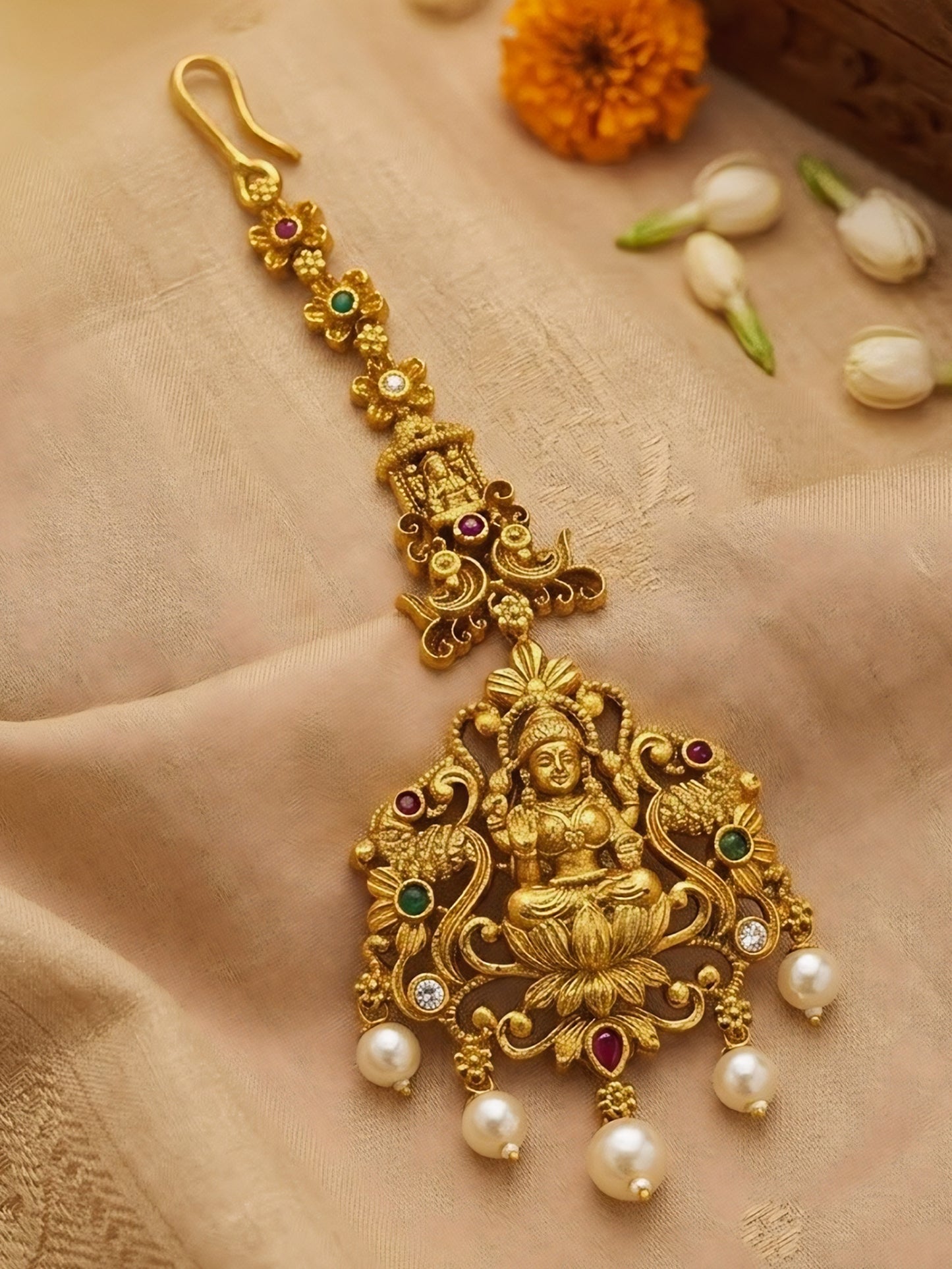 Gold Plated AD Temple Maang Tikka for Women