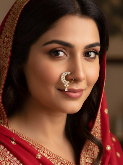 Gold Plated White AD Bridal Non-piercing Drop Nose Ring for Women
