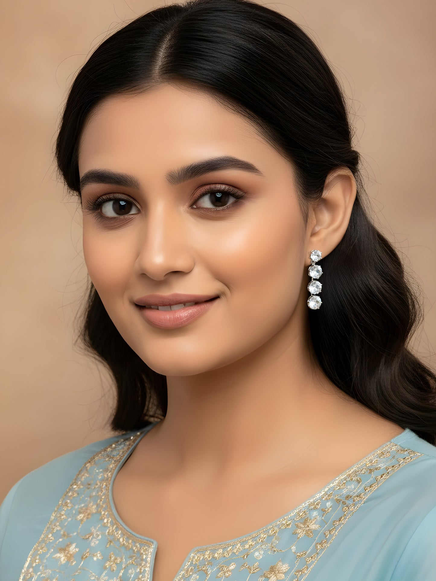 Silver Plated Round White AD Drop Earrings for Women