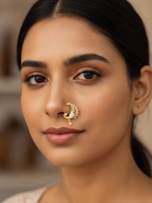 Gold Plated White AD Floral Nose Ring for Women