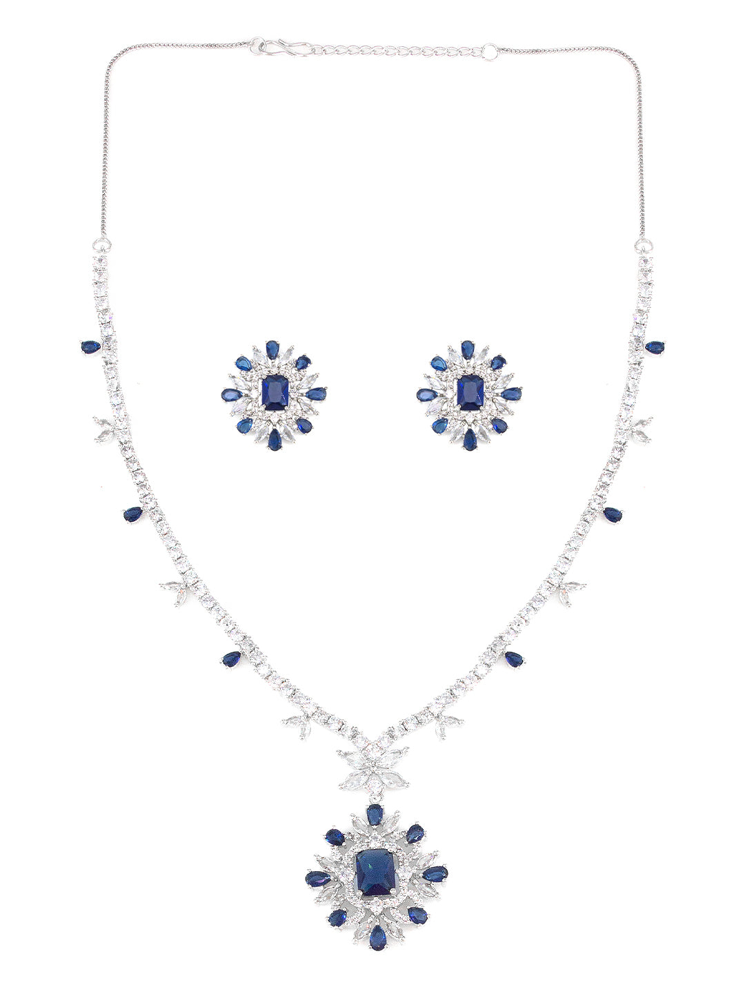 Silver Plated Blue Floral AD Jewellery Set