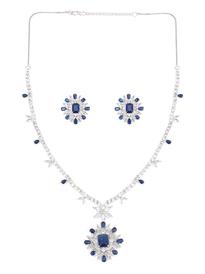 Silver Plated Blue Floral AD Jewellery Set