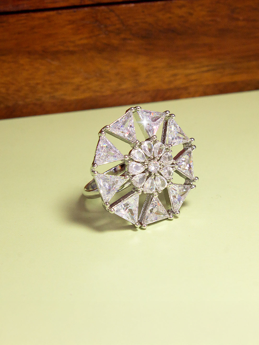 Silver Plated Cocktail AD Adjustable Ring For Women