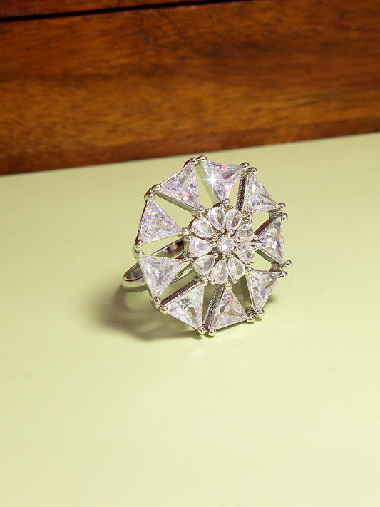 Silver Plated Cocktail AD Adjustable Ring For Women