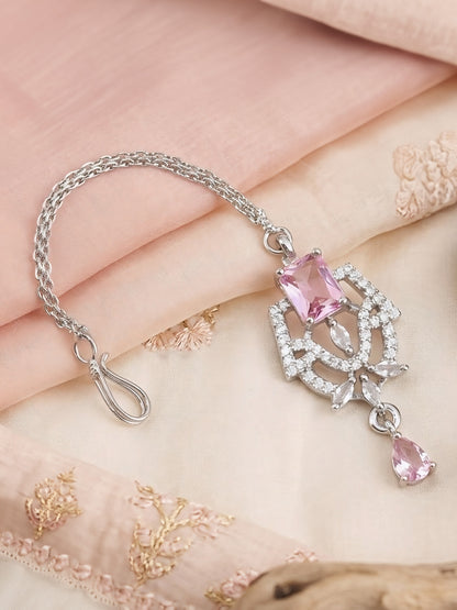 Silver Plated Pink AD Maang Tikka for Women