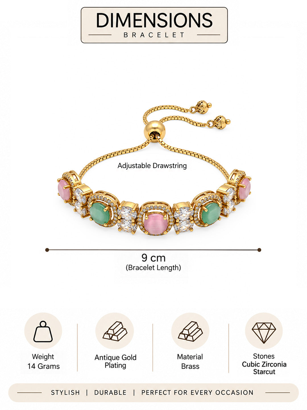 Antique Gold Plated Pink AD Adjustable Bracelet for Women