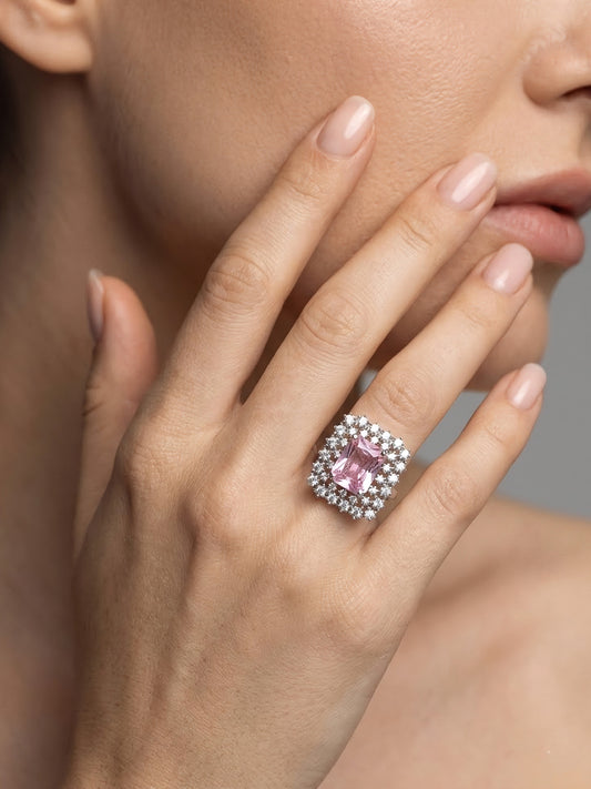 Silver Plated Pink AD Adjustable Ring for Women