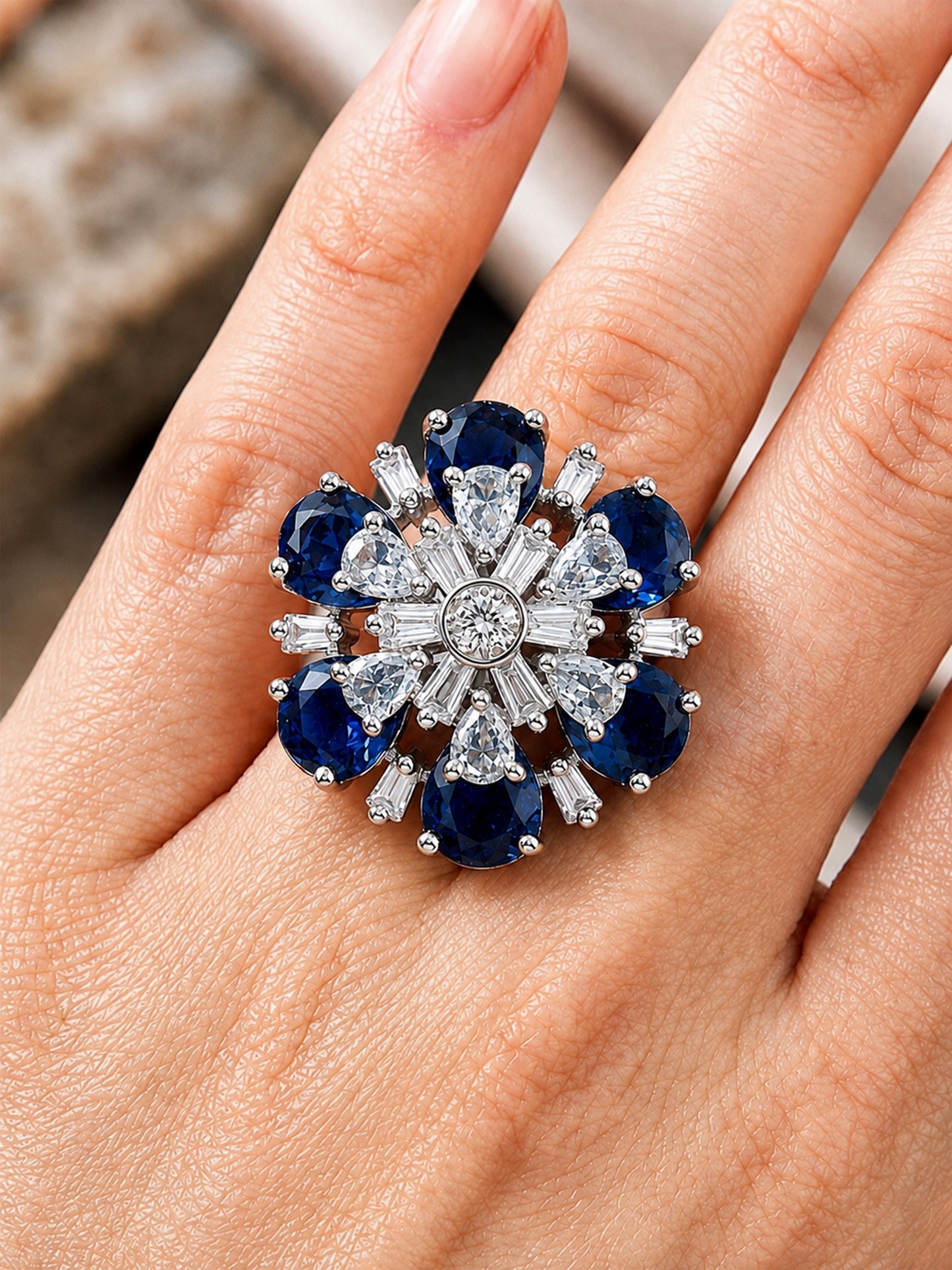 Silver Plated Blue AD Floral Finger Ring for Women