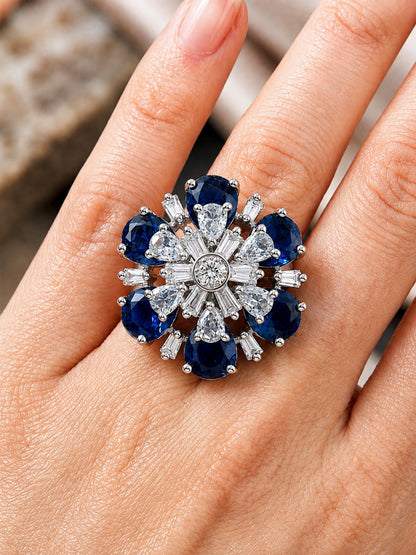Silver Plated Blue AD Floral Finger Ring for Women