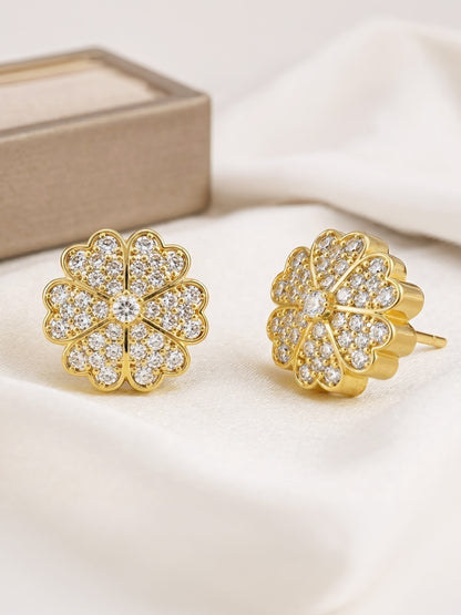 Gold Plated AD Floral Stud Earrings for Women