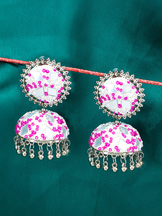 Pink Beads Drop Jhumka Earrings